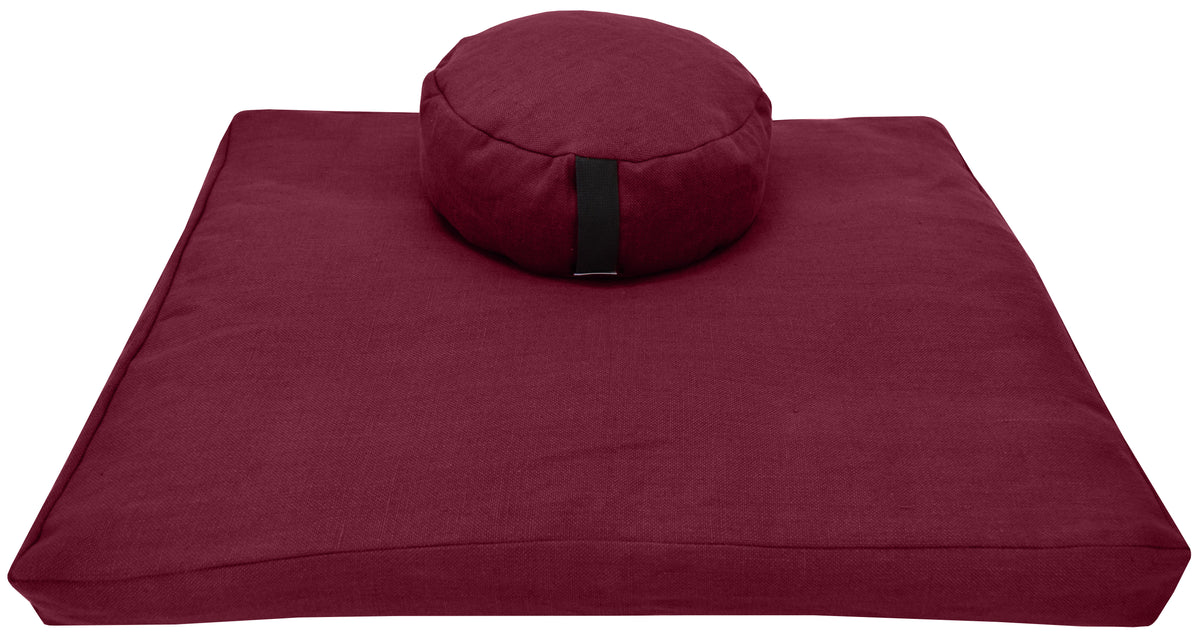 Burgundy hemp zafu and zabuton meditation cushion set filled with organic buckwheat hulls