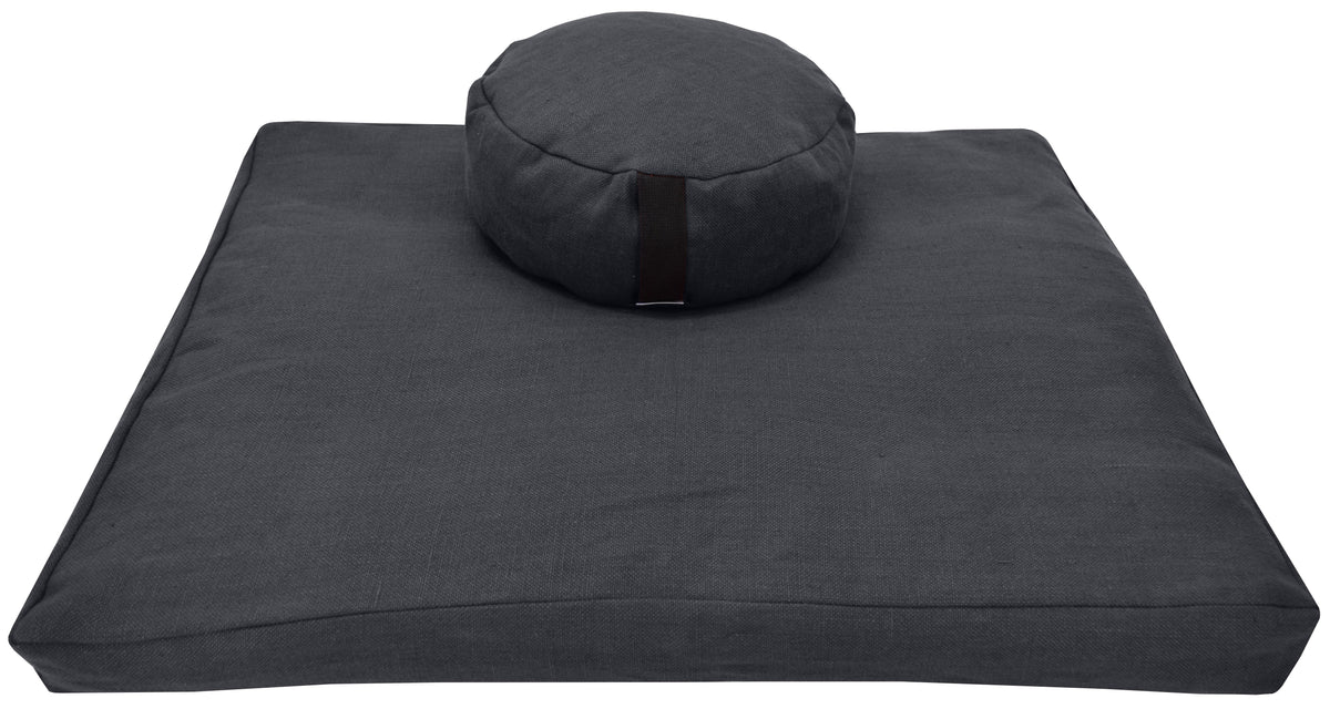 Dark gray hemp zafu and zabuton set made with hemp fabric and filled with organic buckwheat hulls