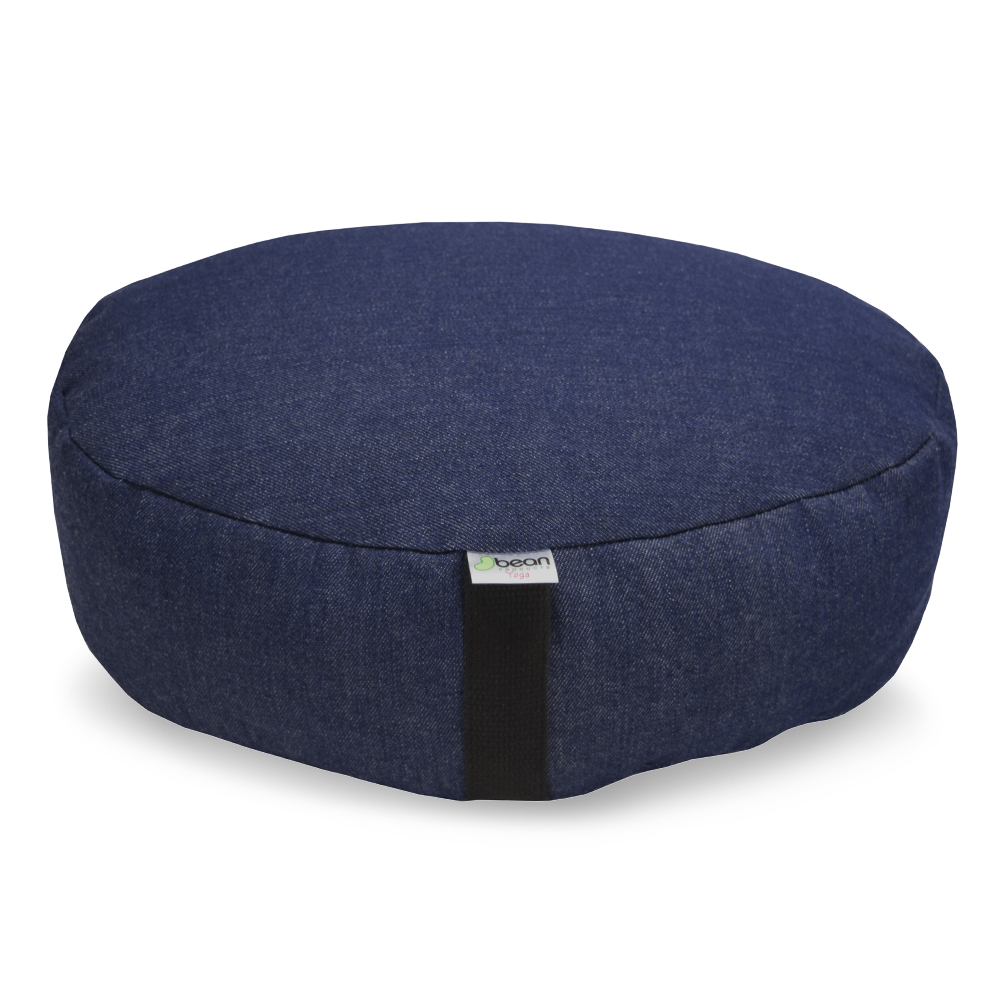 Round dark navy zafu meditation cushion cotton yoga pillow with buckwheat hull filling