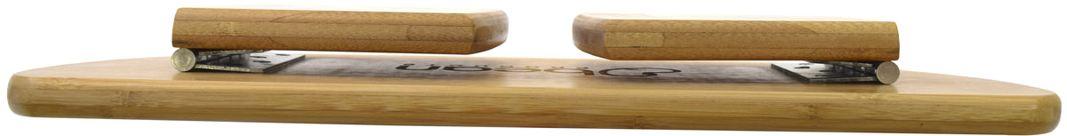 Side view of slim foldable meditation bench made from eco friendly bamboo