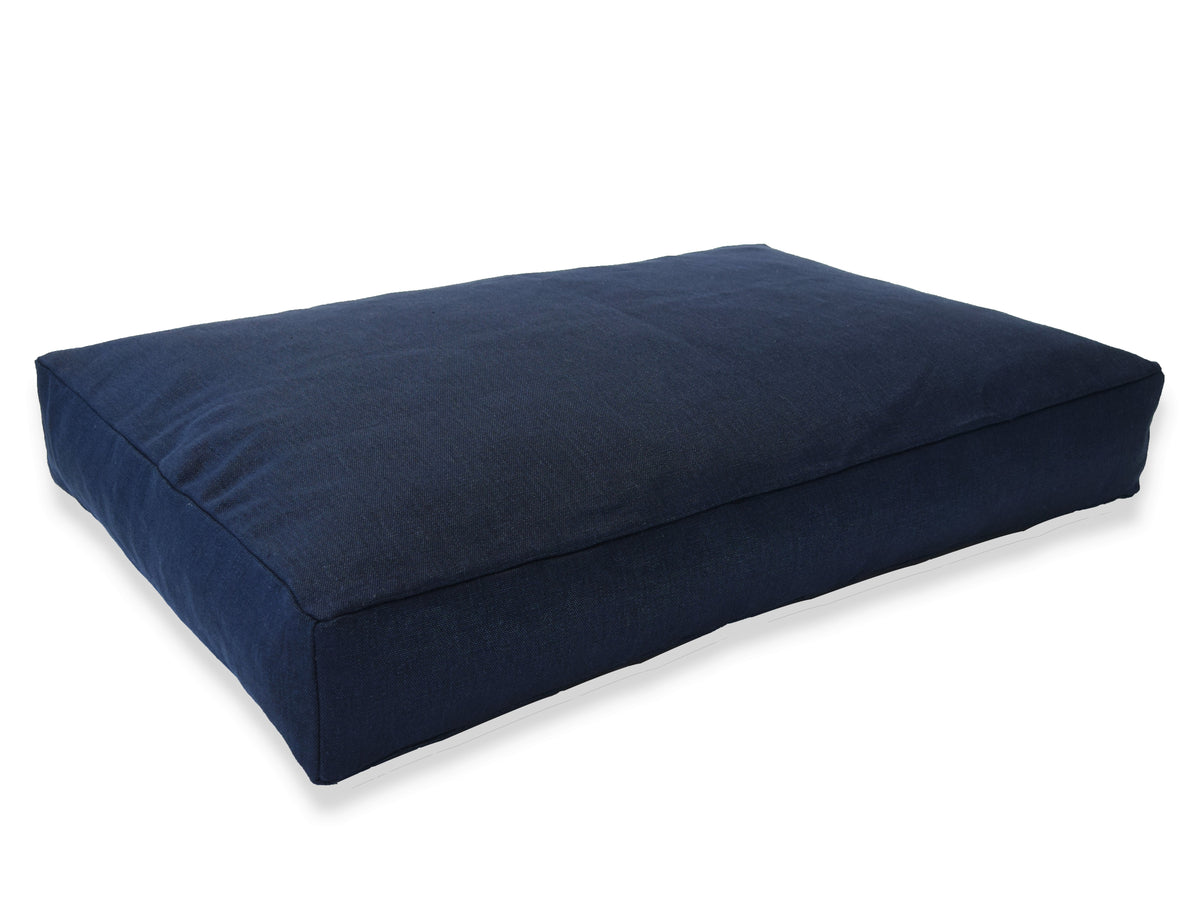Navy blue hemp dog bed with thick foam base for pet comfort