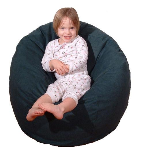 Kid sitting on comfy bean bag chair child size cotton fabric eco fill seat soft supportive kids lounge chair