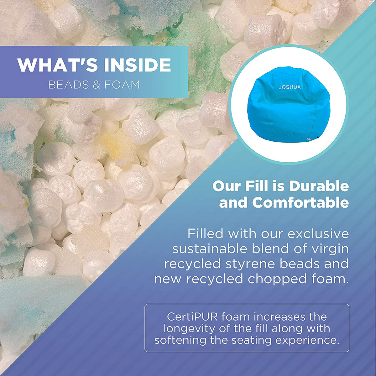 Interior view showing microbead filling used inside the ComfyBean adult bean bag lounger