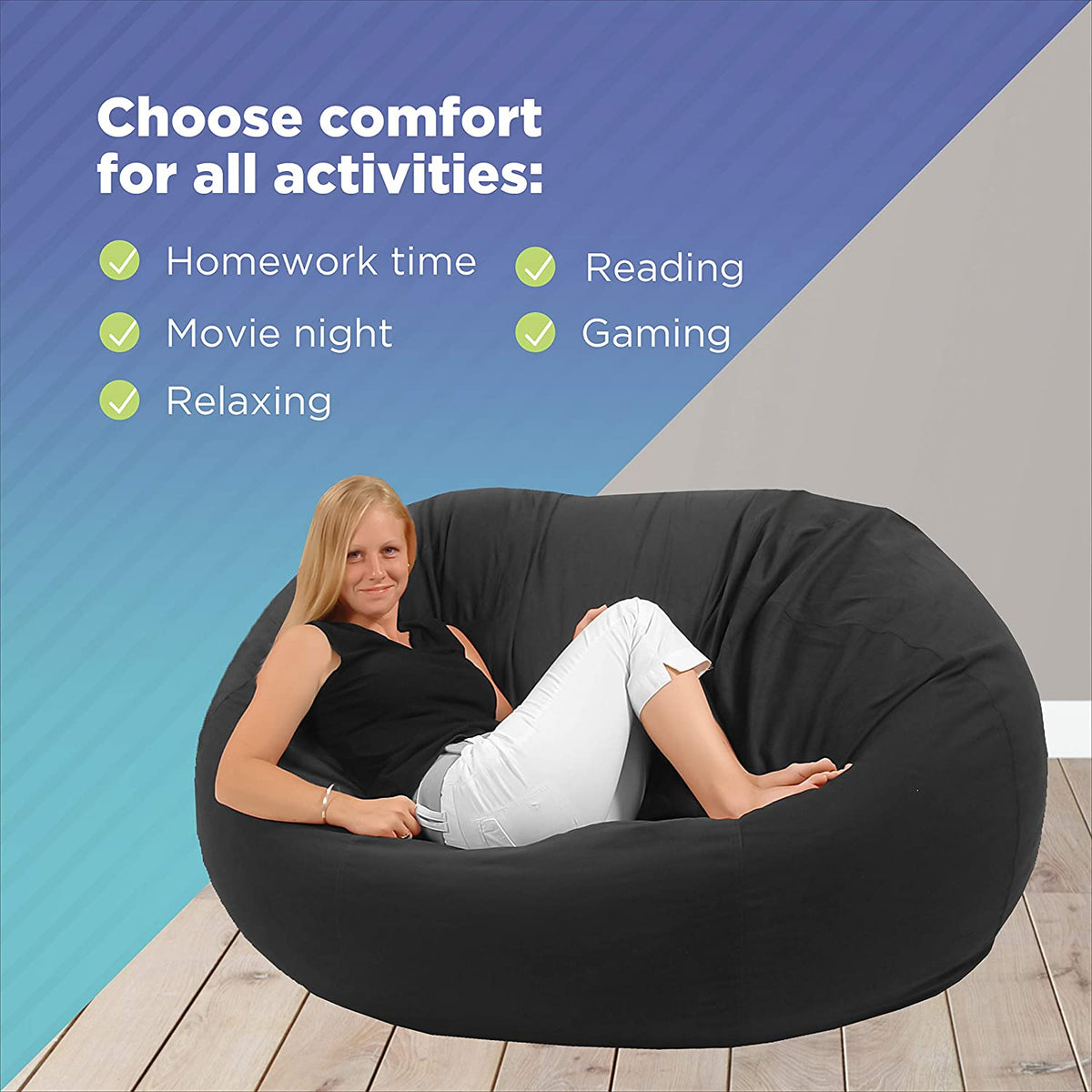 Parent and child relaxing on blue Comfy Bean bean bag loveseat family chair