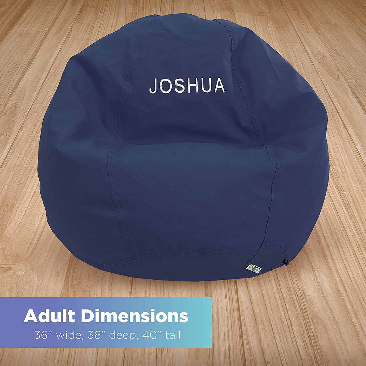 Navy blue ComfyBean adult bean bag lounger on wooden floor with cotton cover