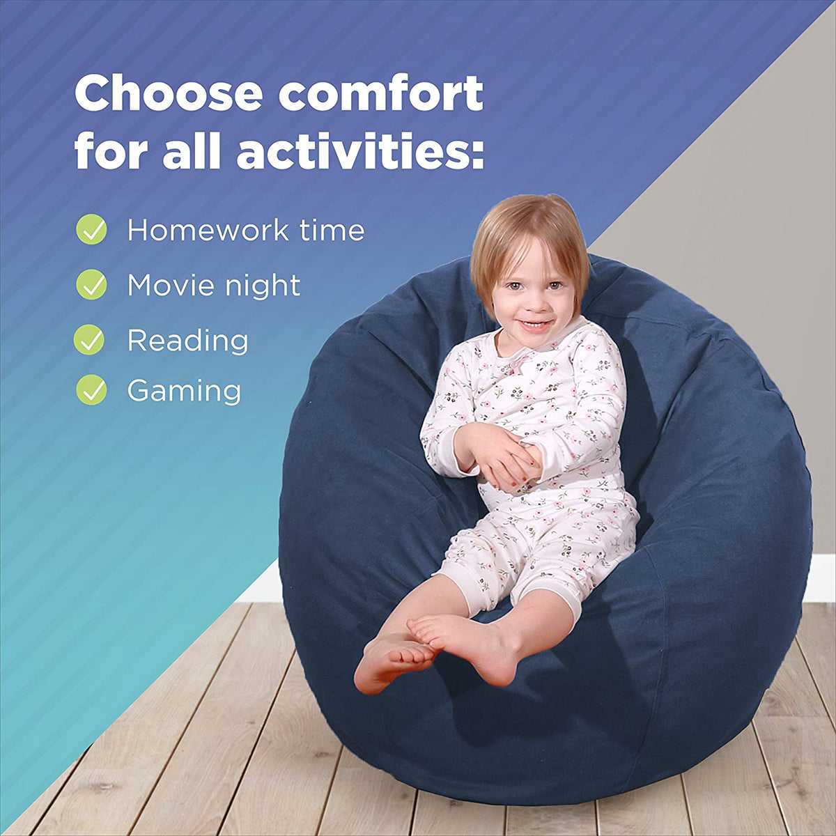 Toddler sitting on dark blue bean bag chair, demonstrating comfort and support for kids