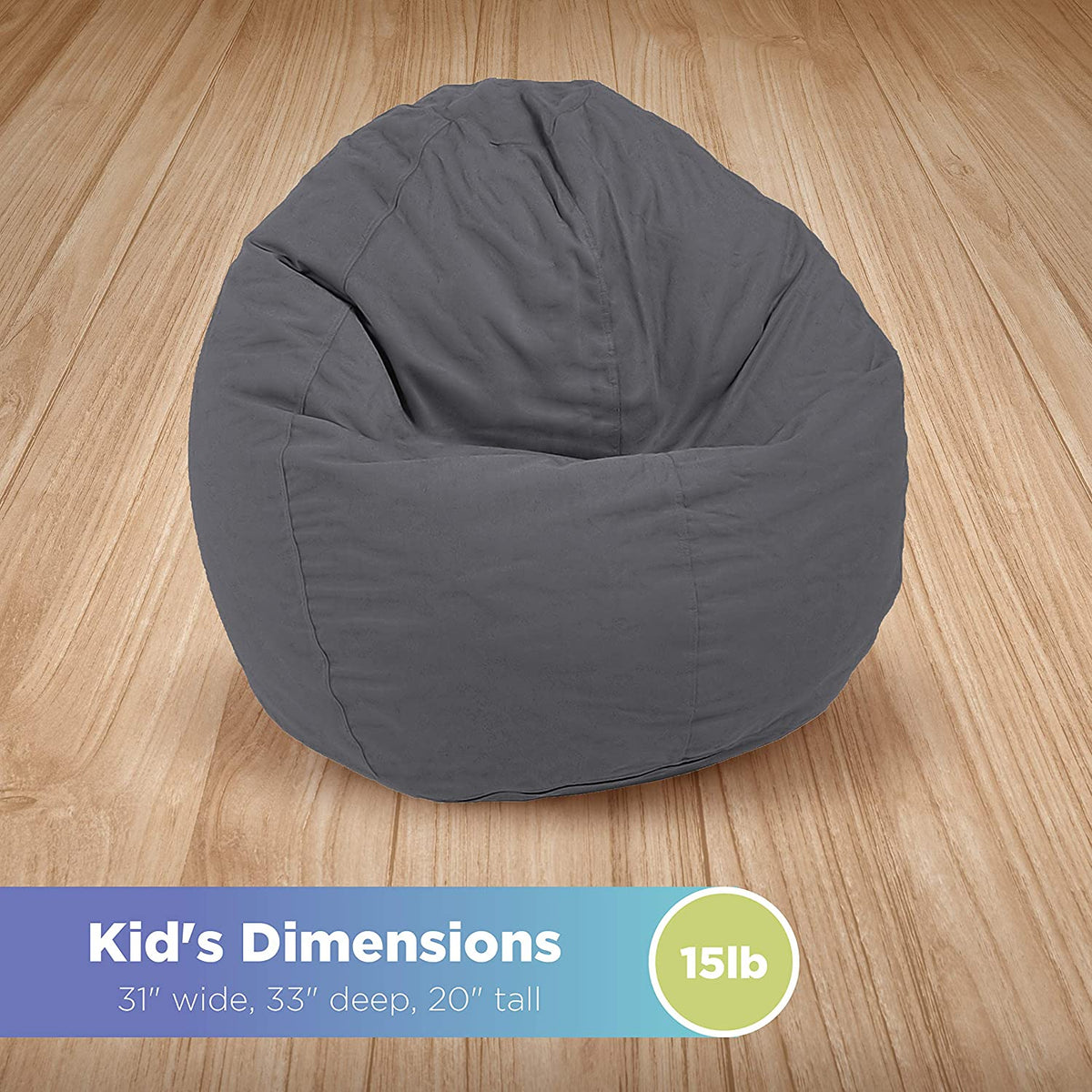 Gray kids bean bag chair on wooden floor, showing size and shape for children’s seating
