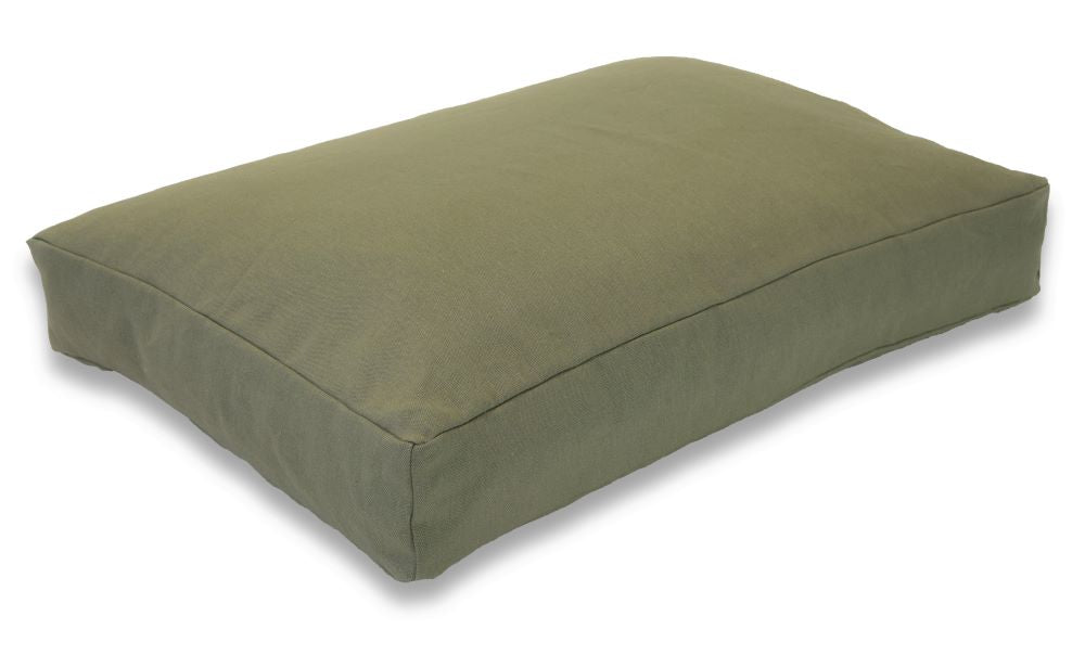 Olive green hemp dog bed with low-profile foam design