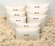 Organic kapok throw pillows size chart showing multiple sizes including Euro and lumbar options on neutral soft background