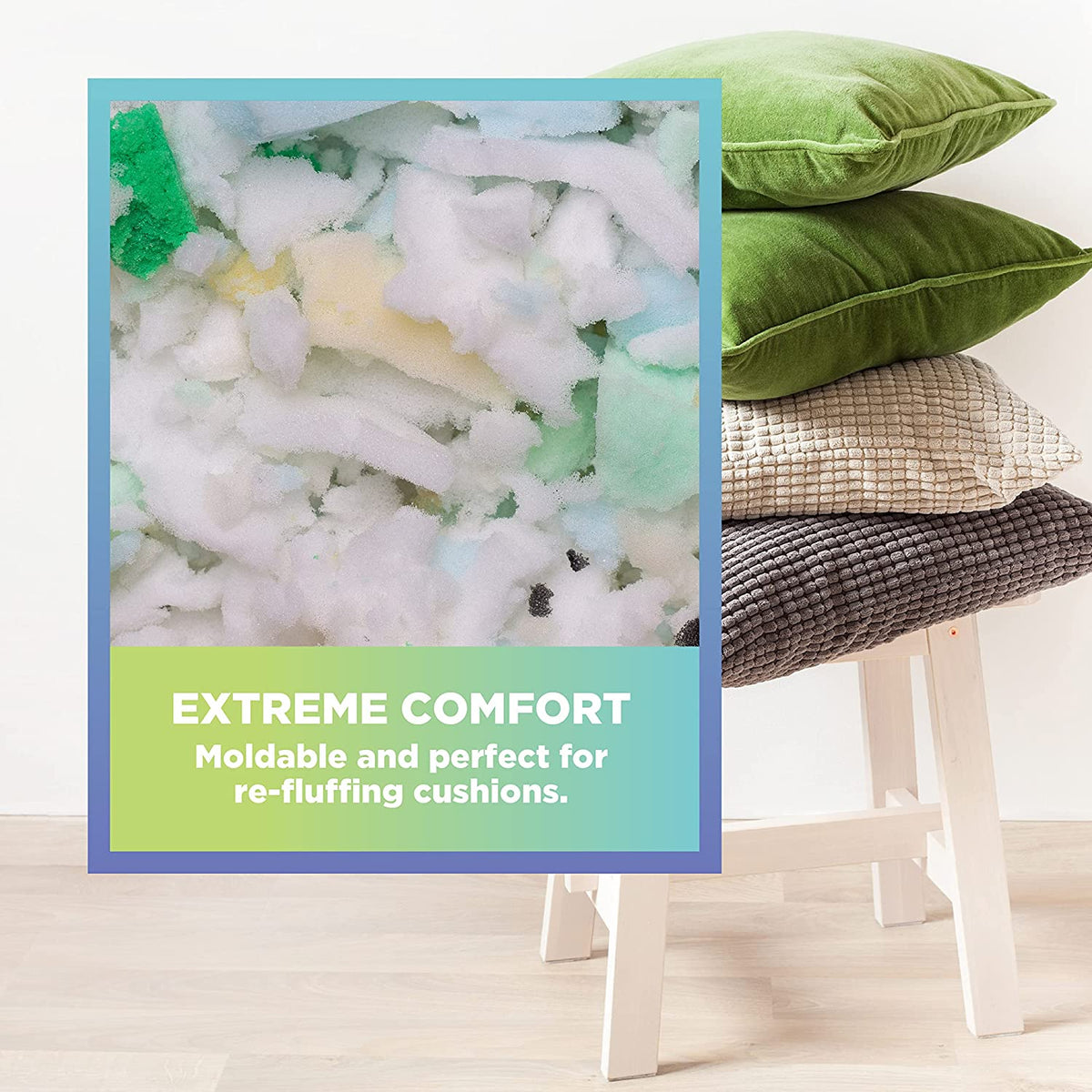 Close up of shredded memory foam filler for bean bag chairs and pillows – soft CertiPUR foam stuffing
