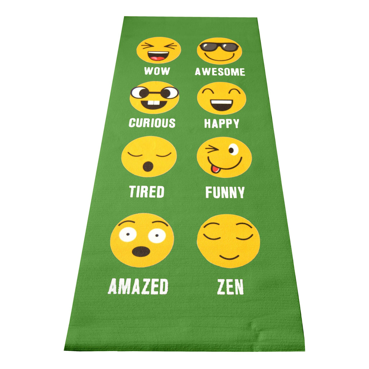 Green emoji yoga mat with cartoon faces, eco-friendly children’s mat