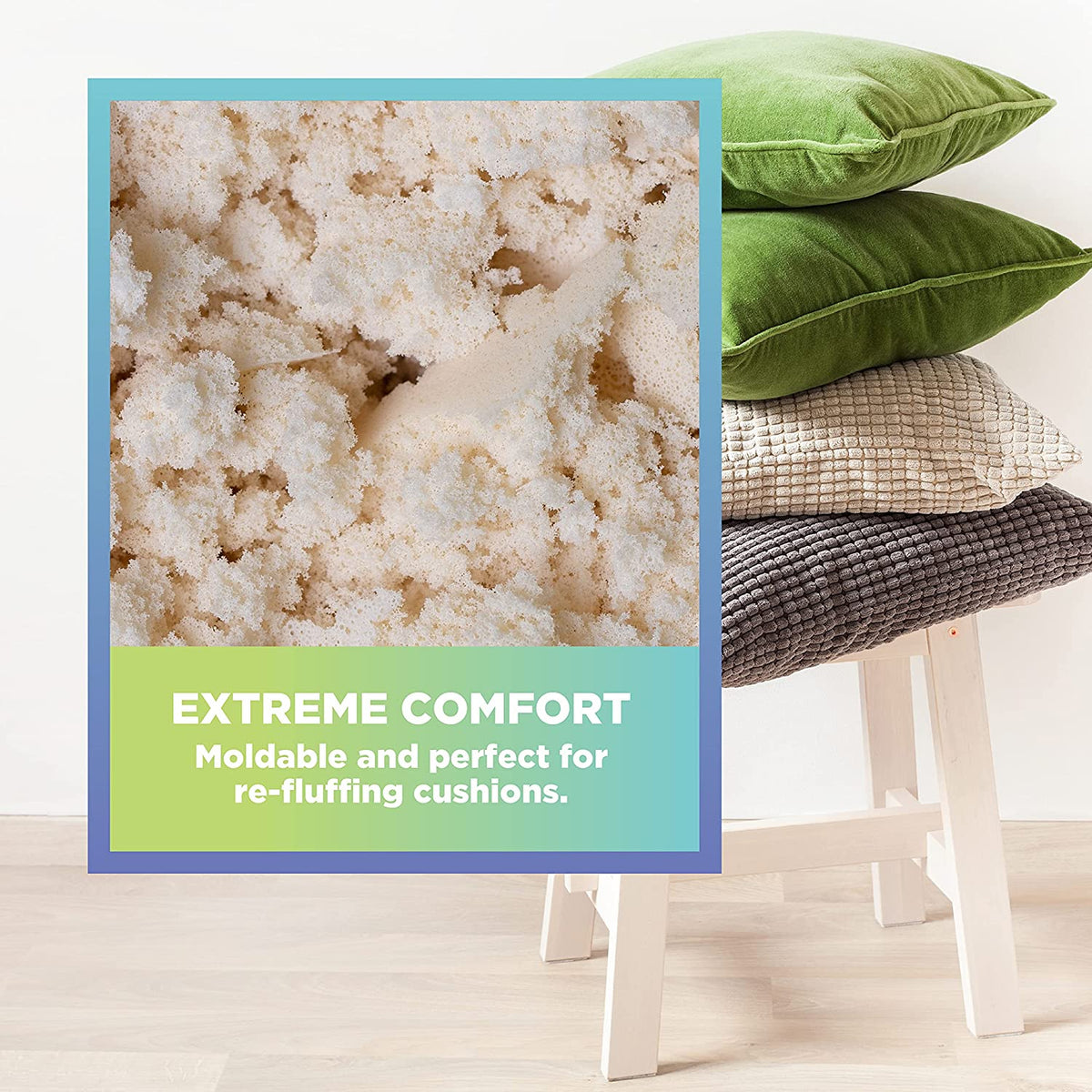 Organic latex foam fill pillows stacked showing soft shredded texture