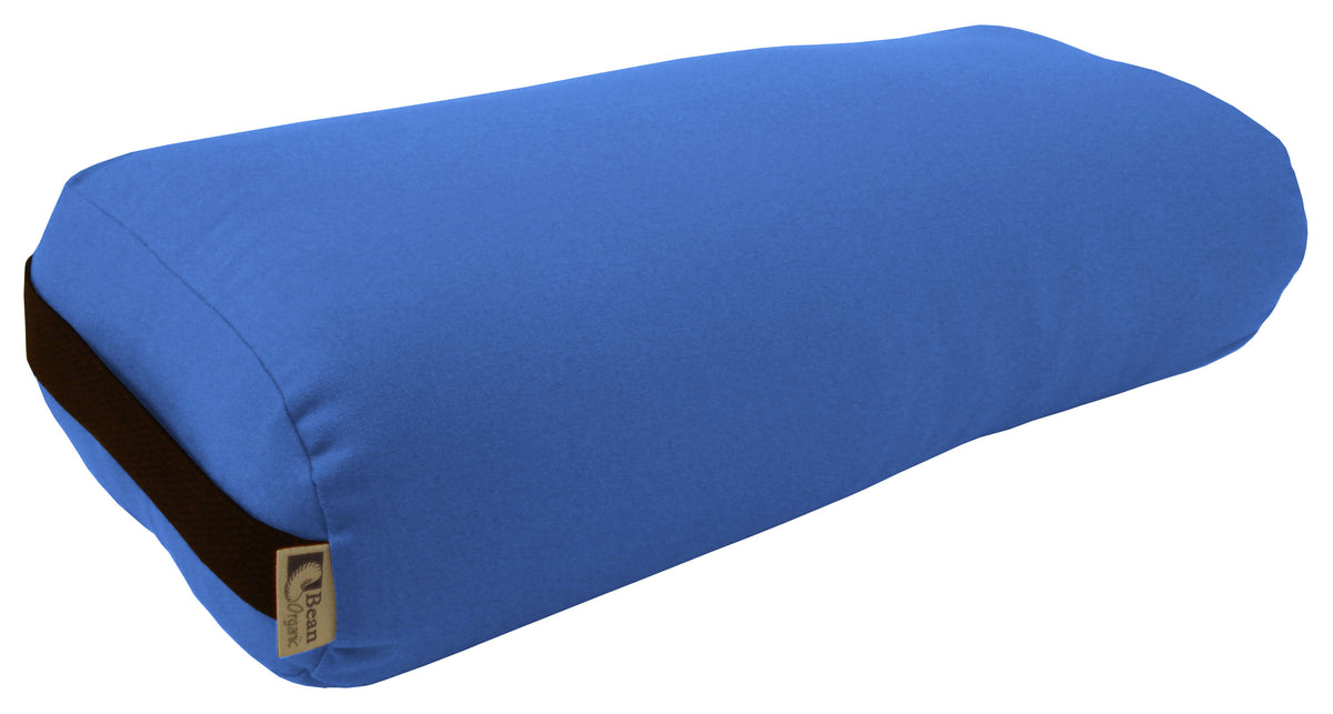 Light blue round yoga bolster in organic cotton, cylindrical support pillow for yoga practice, stretching and relaxation