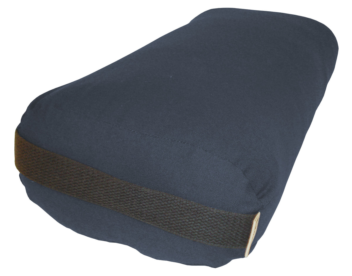 Gray pranayama round yoga bolster made with organic cotton, compact cylindrical cushion for breathing practice and posture support