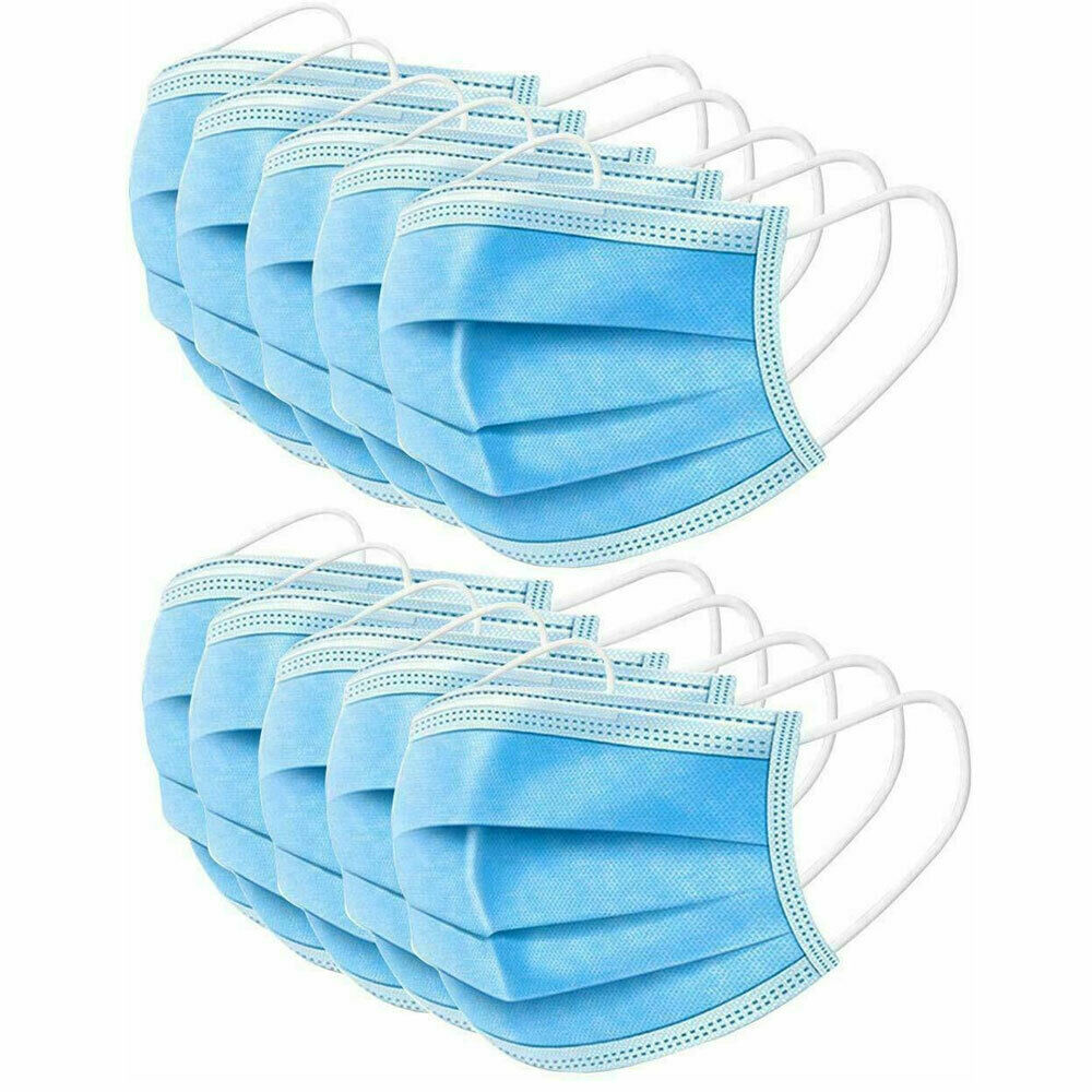 Stack of bulk disposable 3 ply face masks with ear loops for volume purchase savings