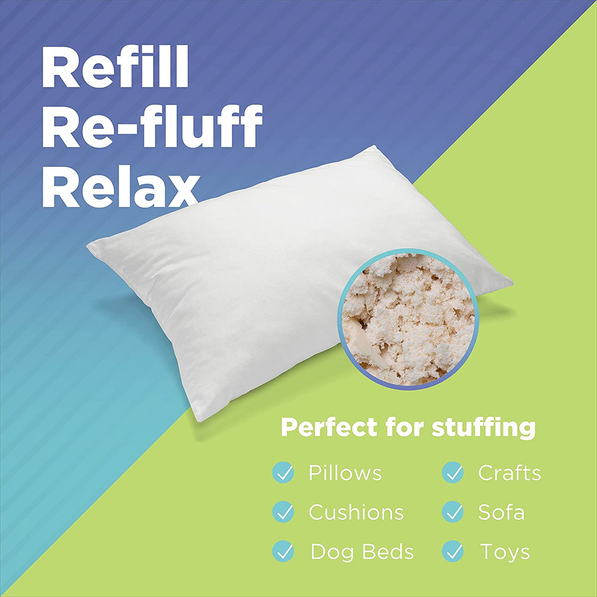 Refill and re-fluff organic latex foam fill for pillows and cushions graphic