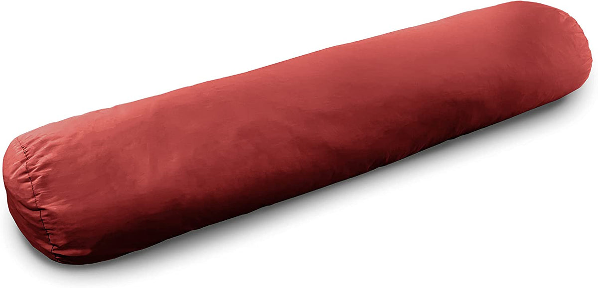 Red cylindrical bolster pillow for kids, soft supportive cushion for relaxation, stretching and comfort