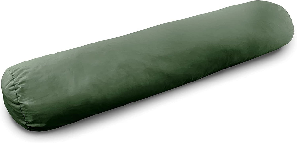 Green cylindrical yoga style bolster pillow, supportive cushion for kids relaxation, stretching and comfort