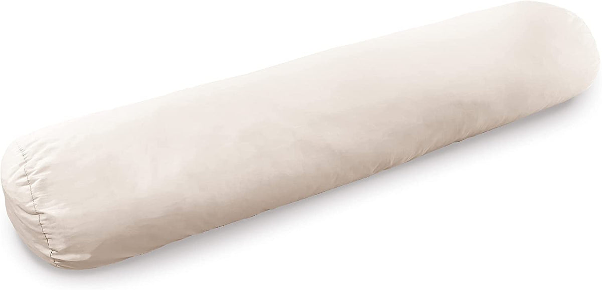 Beige cylindrical bolster pillow in organic cotton, soft support cushion for kids relaxation and comfort